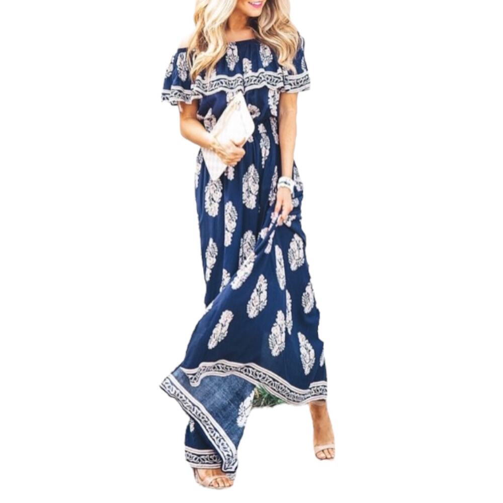 Kori America Women's Navy/Tan/White Floral Off-The-Shoulder Maxi Dress | Size L - Picture 2 of 12